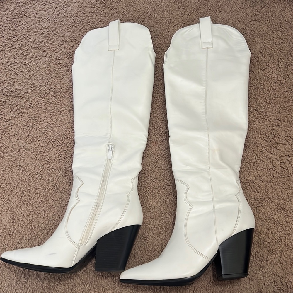 White High Knee Heeled Boots. Size 11.